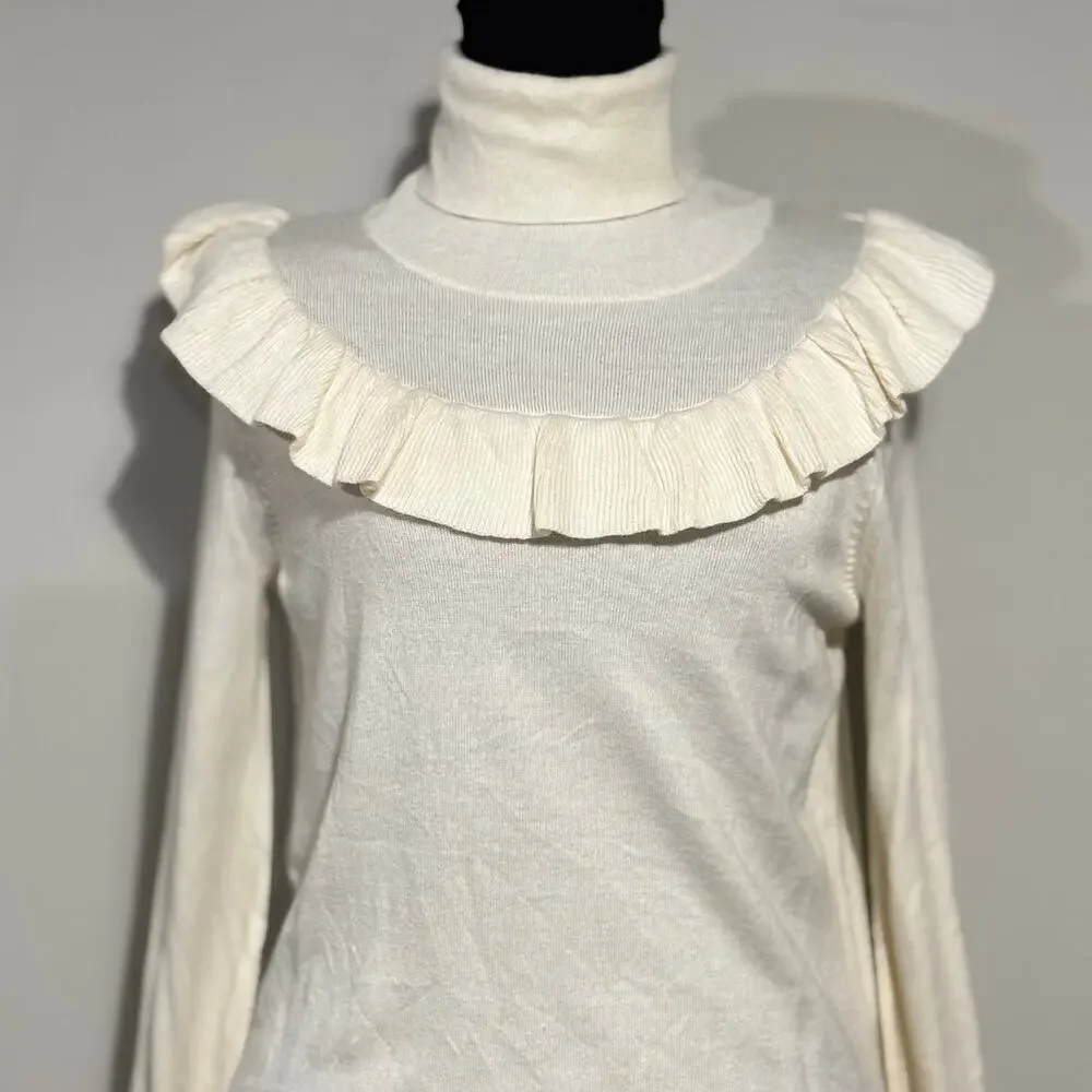 Leith NWT Womens Dress Ivory Long Sleeve Knit Turtleneck Ruffle Yoke XS SoftGirl